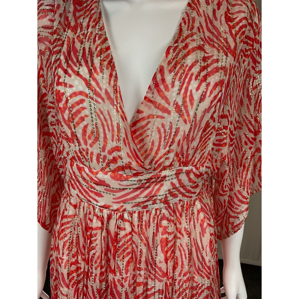 La Plage Jaipur Maxi Dress Women's Size S Red Print‎ Kimono Sleeve V Neck - Picture 11 of 12